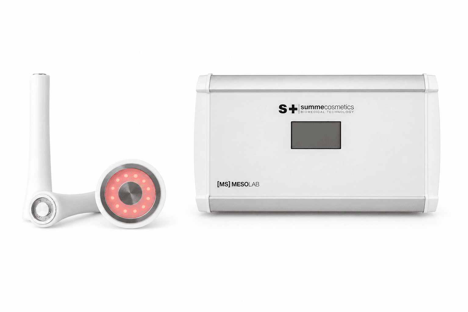 KI-bearbeitete Produktdarstellung des SUMMECOSMETICS MS MESOLAB Systems mit Basisgerät, Elektroporations-Applikator und Phototherapie-Aufsatz